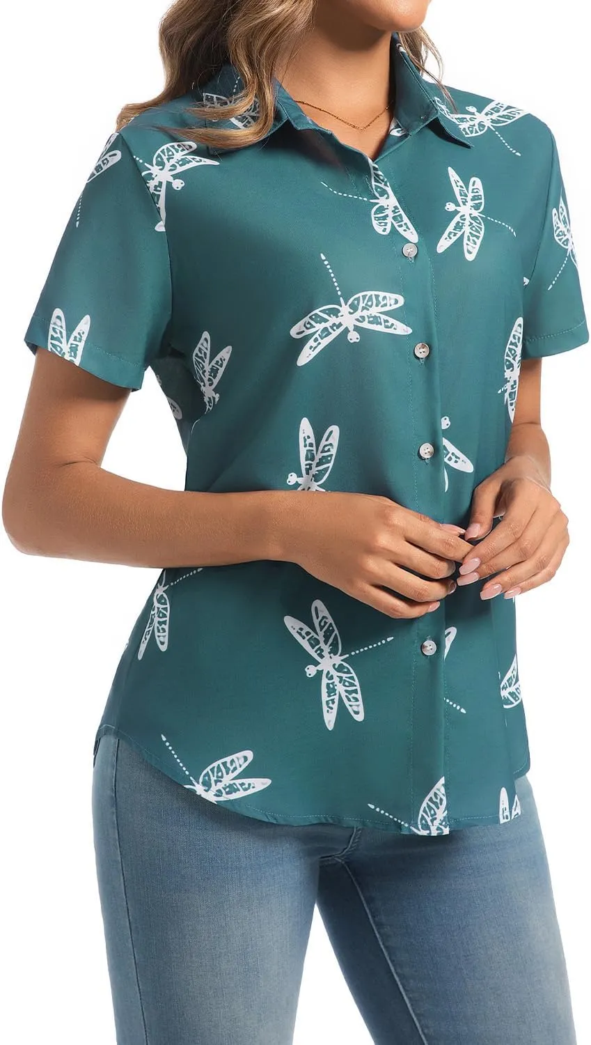 Womens Button Down Shirts Short Sleeve Summer Linen V Neck Collared Hawaiian Floral Print Cat Casual Blouse Tops