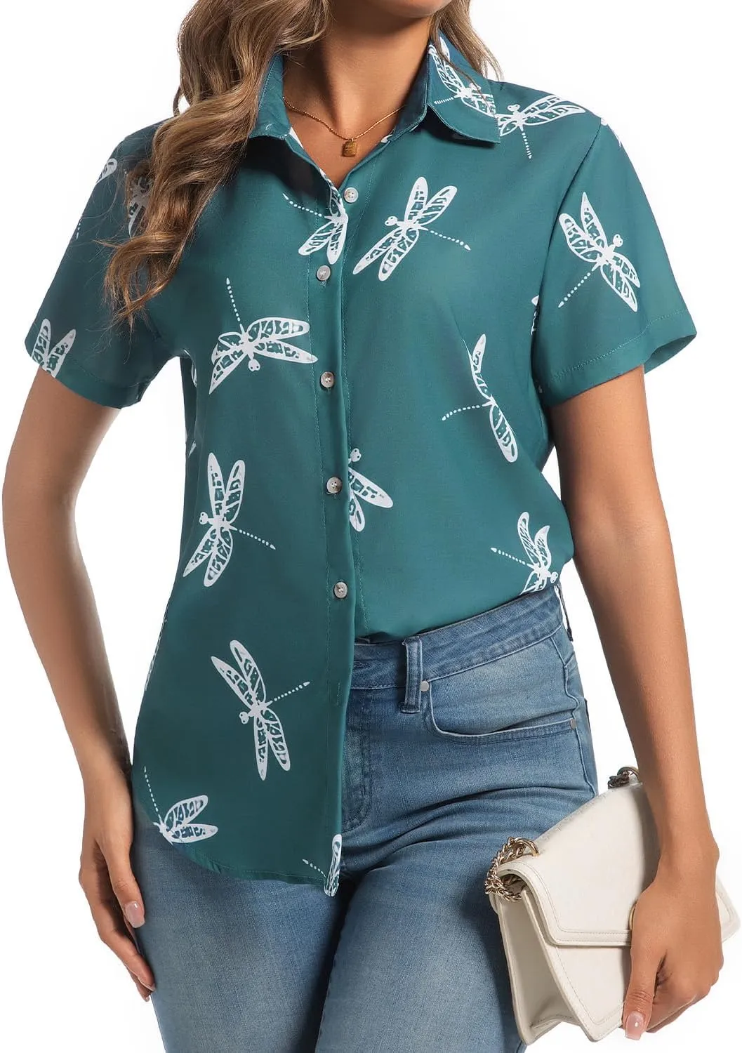 Womens Button Down Shirts Short Sleeve Summer Linen V Neck Collared Hawaiian Floral Print Cat Casual Blouse Tops