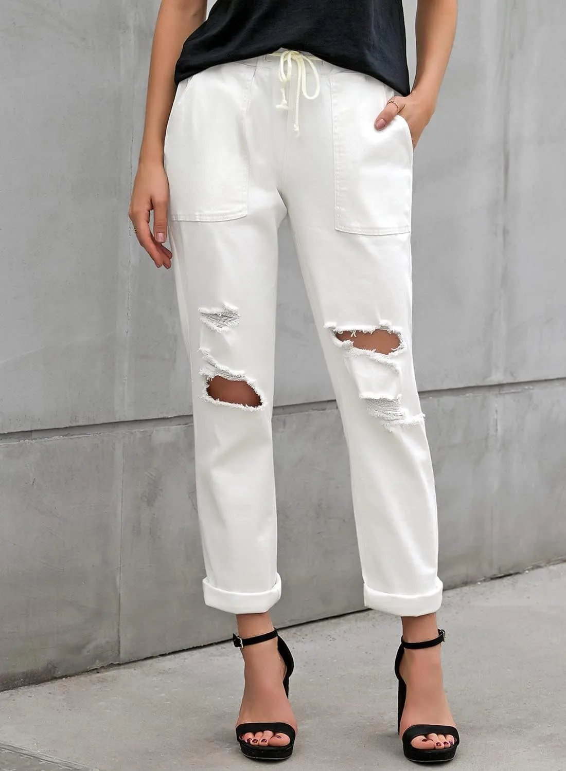 Womens Casual Pull-on Distressed Stretch Jeans Elastic Waist Jean Denim Joggers Pants