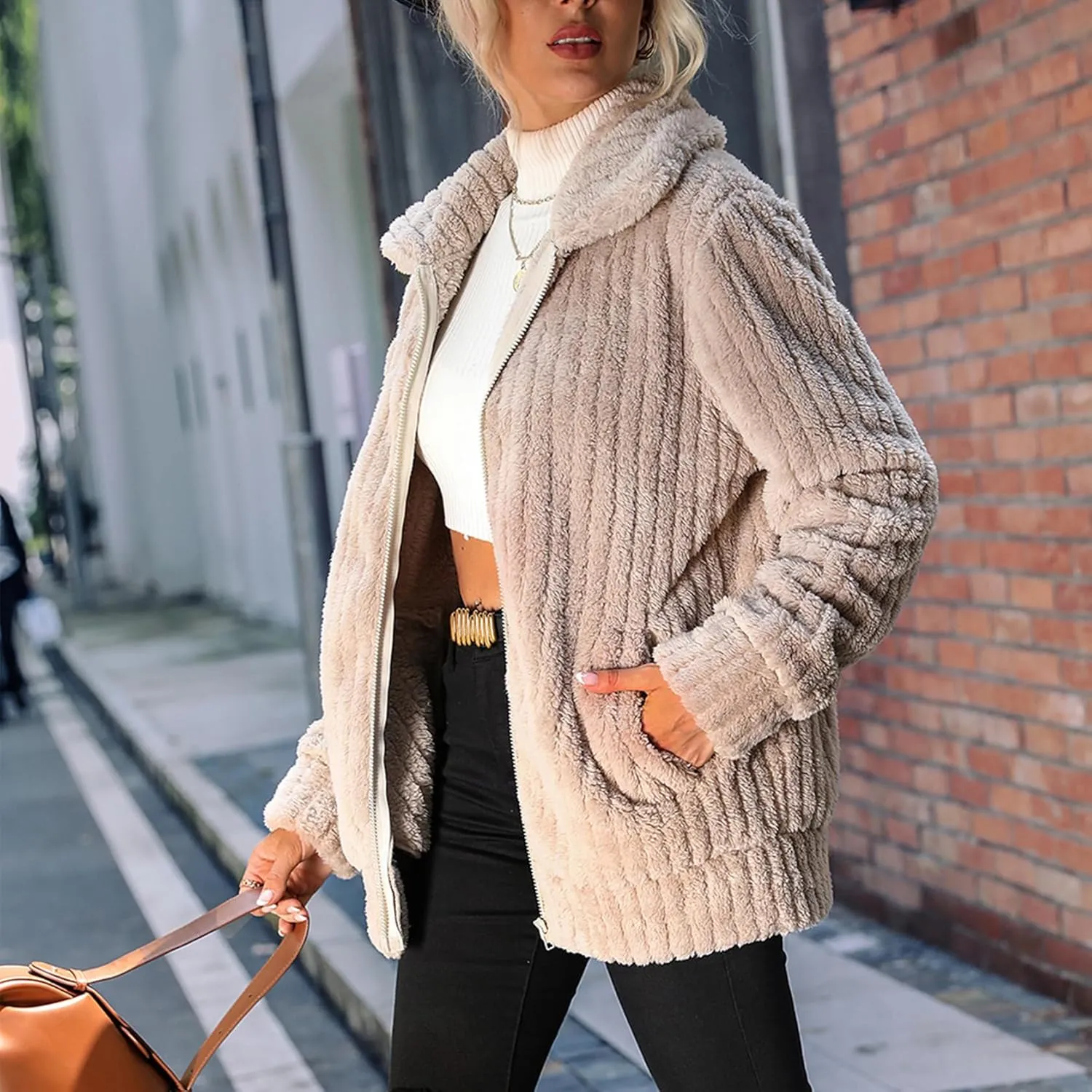 Women's Fleece Jacket Women Full Zip Long Sleeve Lapel Collar Sherpa Coat Outerwear with Pockets (S-5XL)