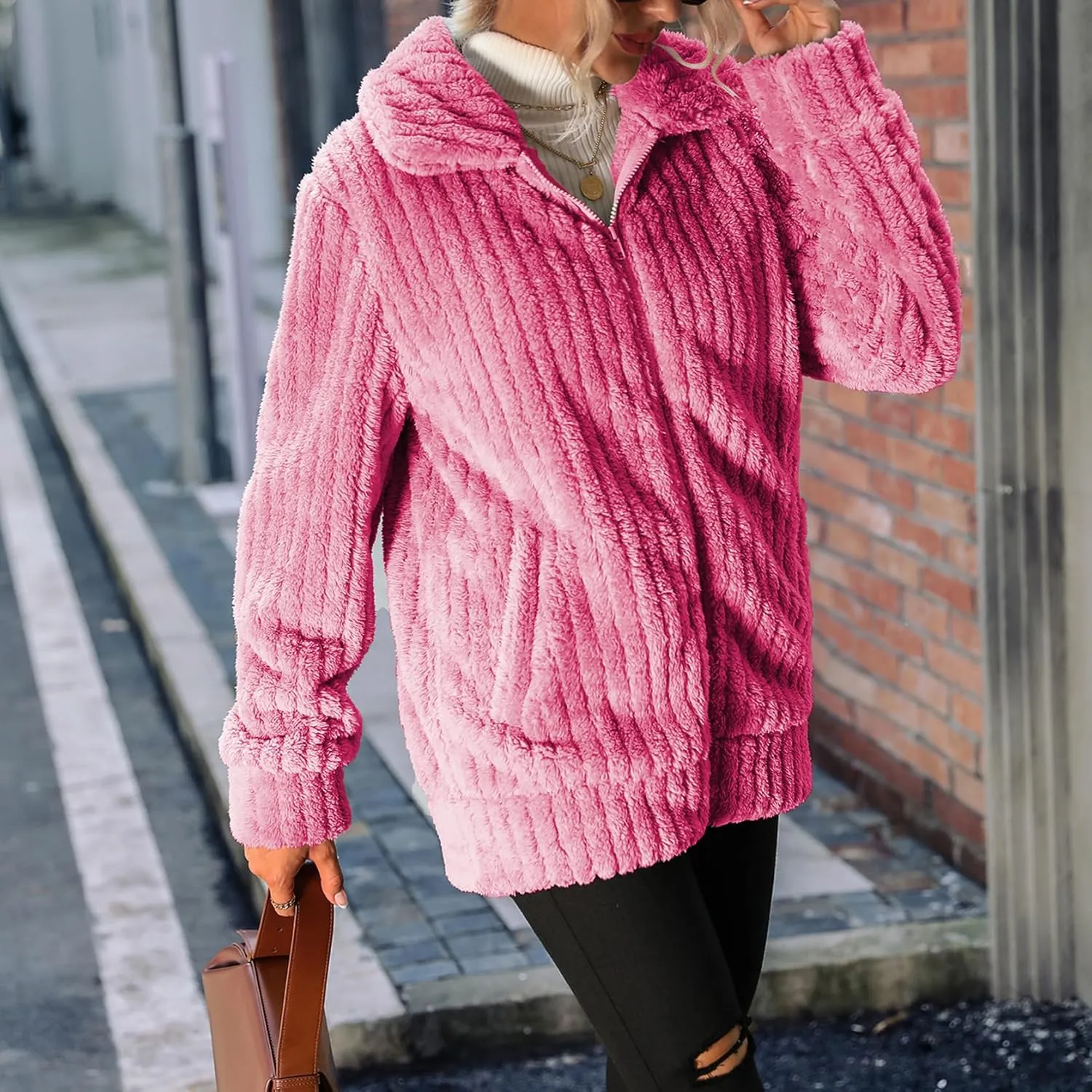 Women's Fleece Jacket Women Full Zip Long Sleeve Lapel Collar Sherpa Coat Outerwear with Pockets (S-5XL)
