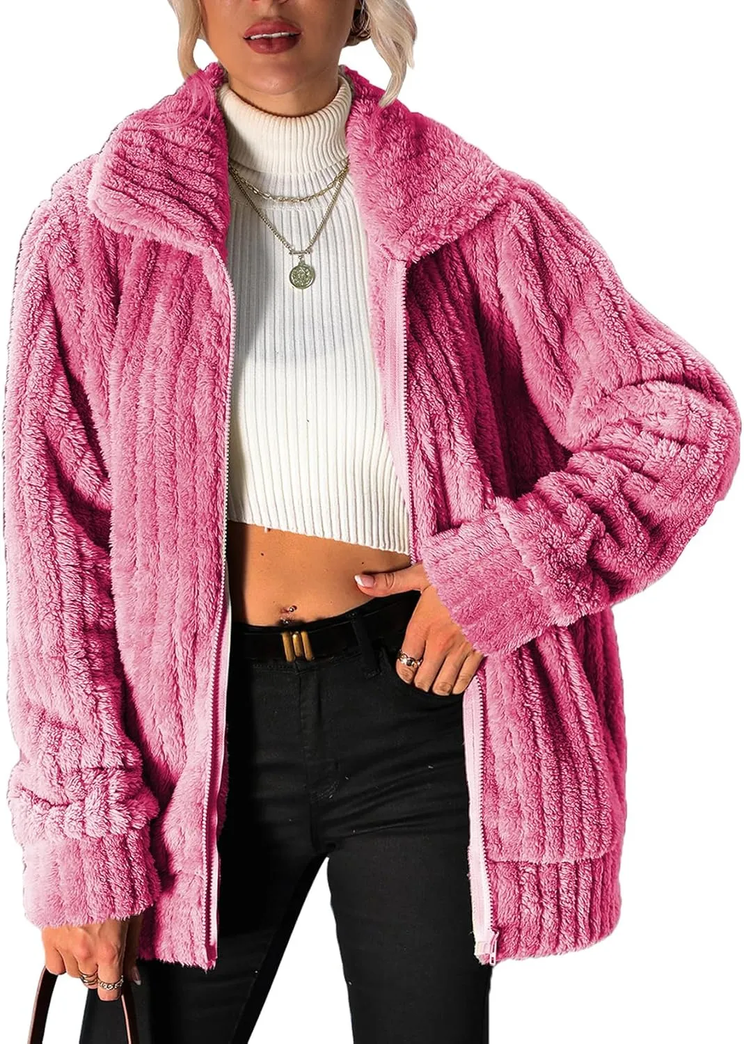 Women's Fleece Jacket Women Full Zip Long Sleeve Lapel Collar Sherpa Coat Outerwear with Pockets (S-5XL)