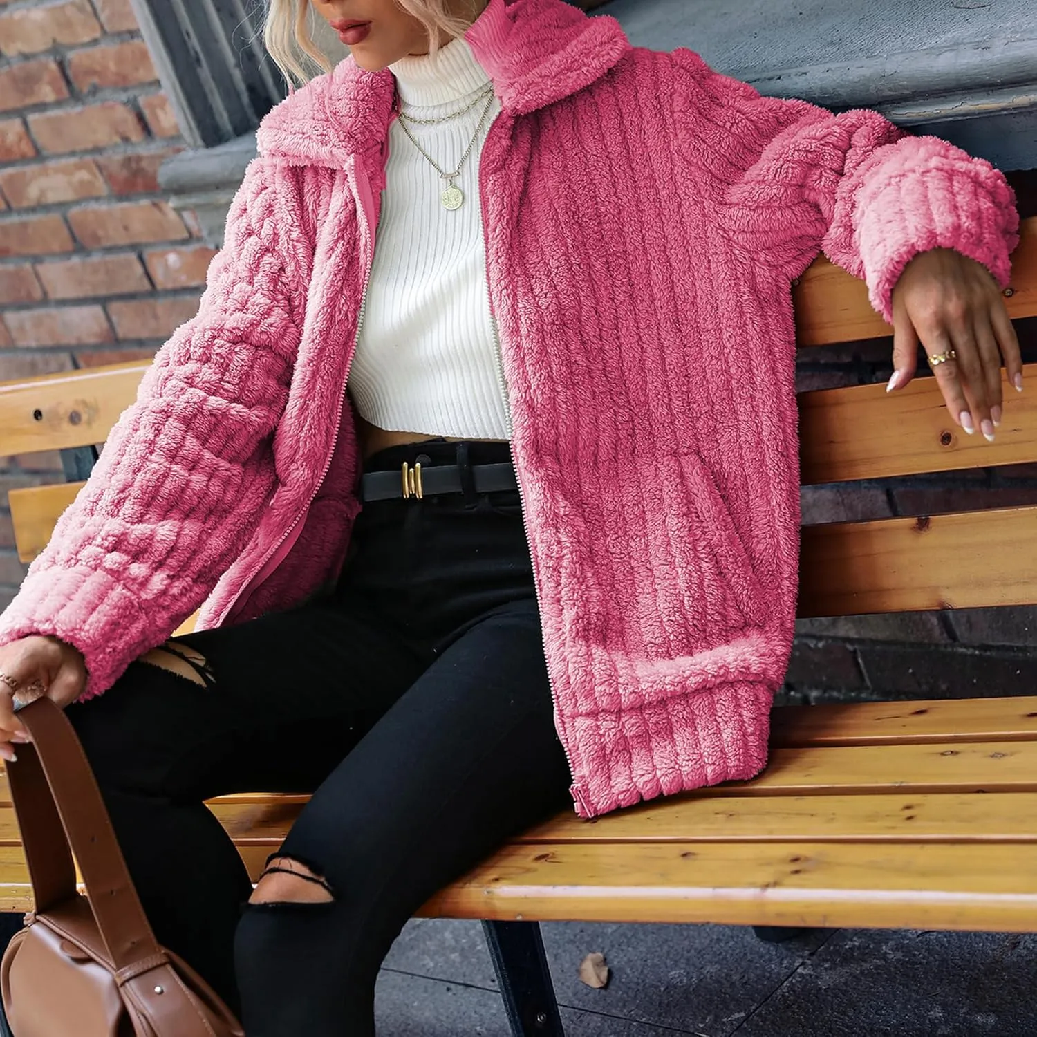 Women's Fleece Jacket Women Full Zip Long Sleeve Lapel Collar Sherpa Coat Outerwear with Pockets (S-5XL)