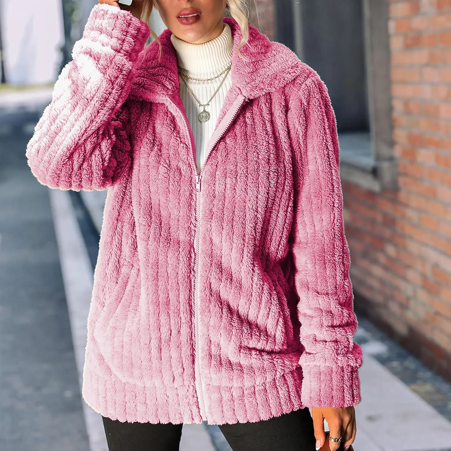 Women's Fleece Jacket Women Full Zip Long Sleeve Lapel Collar Sherpa Coat Outerwear with Pockets (S-5XL)