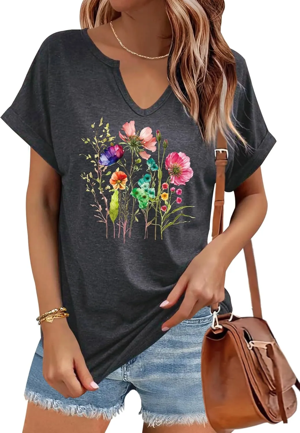 Women's Floral T-Shirts V-Neck Dandelion Sun Flower Graphic Casual Tee Boho Tops Cute Wildflowers Shirts