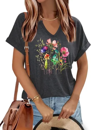 Women's Floral T-Shirts V-Neck Dandelion Sun Flower Graphic Casual Tee Boho Tops Cute Wildflowers Shirts