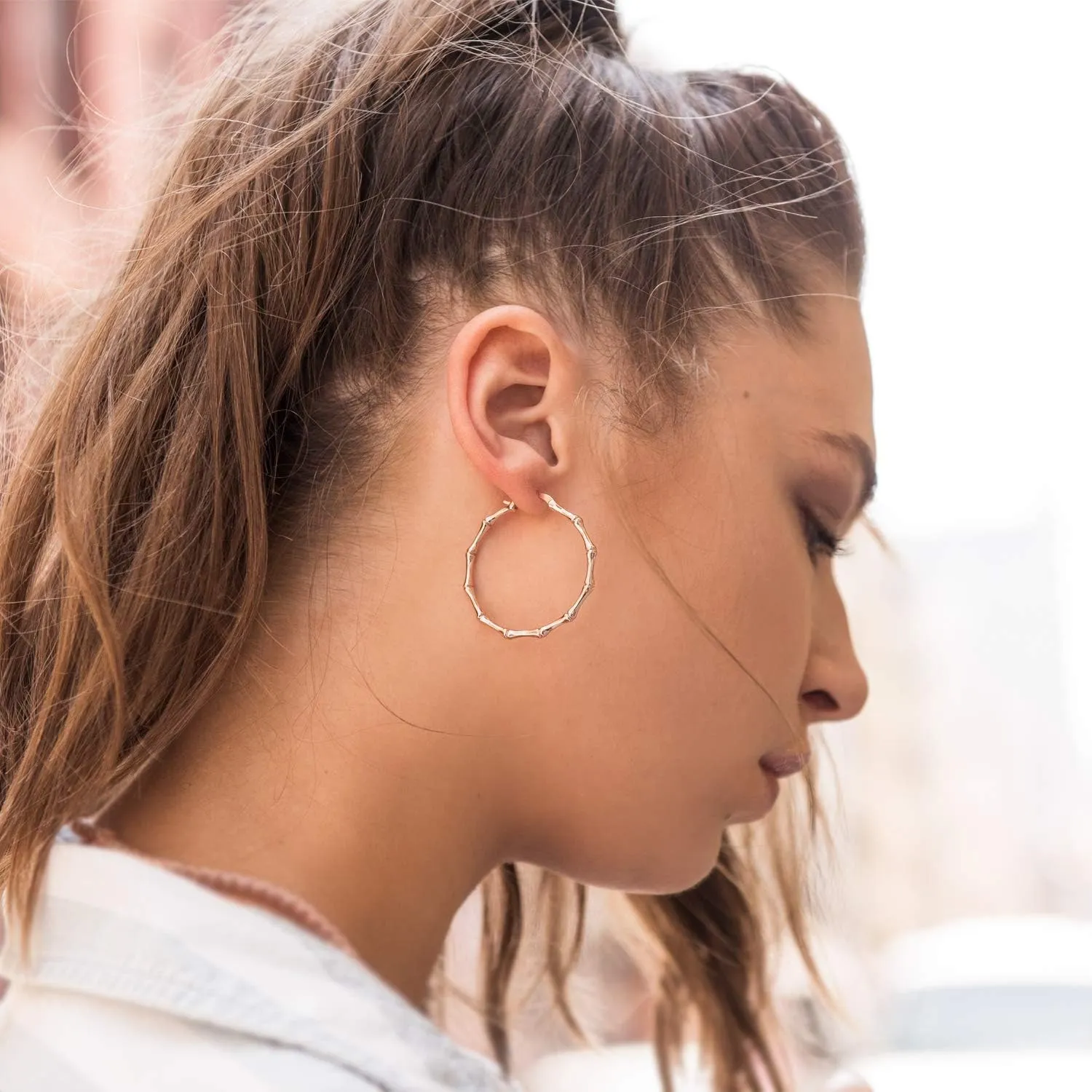 Womens Gold Bamboo Hoop Earrings | Barzel 18K Gold, Rose Gold, or White Gold Plated Bamboo Hoop Earrings