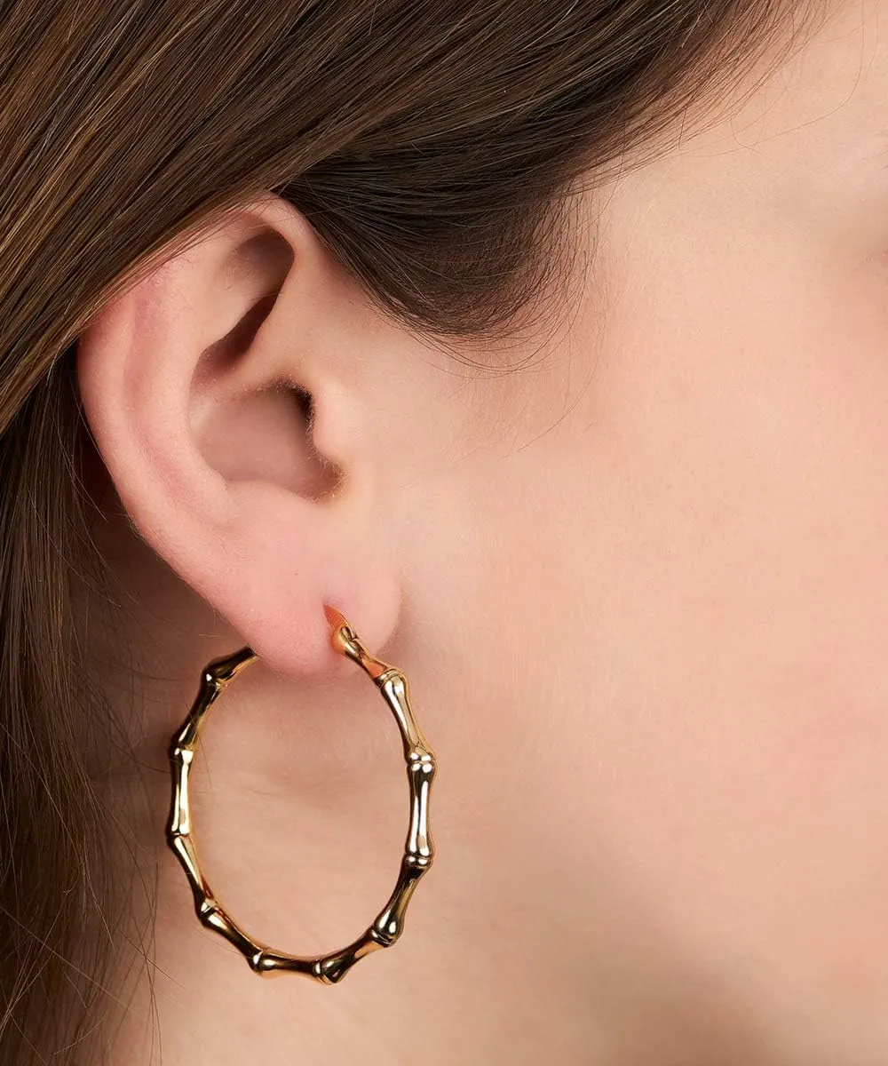 Womens Gold Bamboo Hoop Earrings | Barzel 18K Gold, Rose Gold, or White Gold Plated Bamboo Hoop Earrings