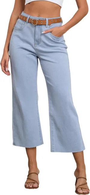 Women's High Waist Straight Leg Stretch Jeans - Blue Ankle Length Denim 5 Pocket Slim Fit Tummy Control