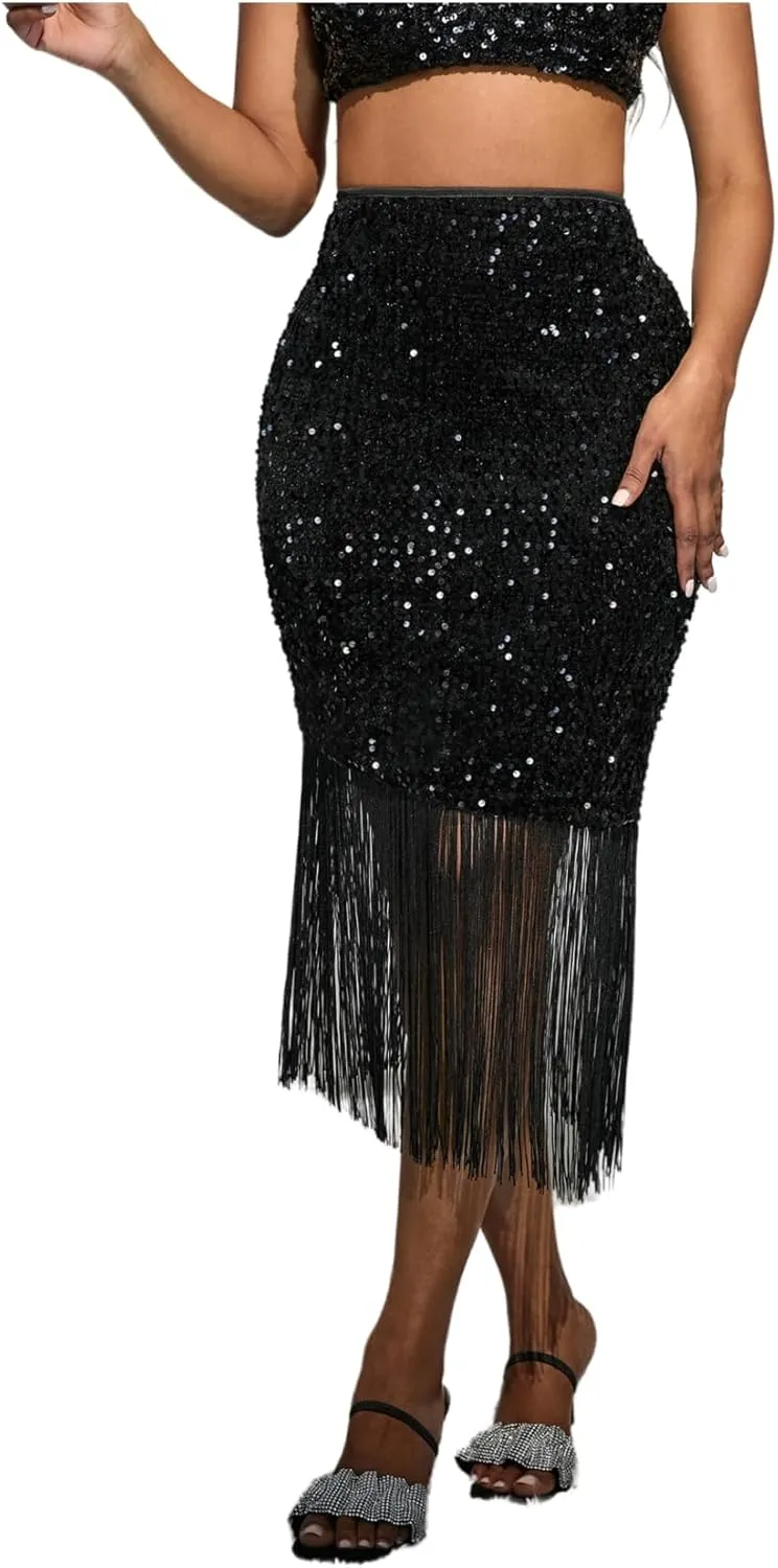 Women's High Waist Tassels Fringe Bodycon Pencil Midi Skirt Sequin Skirt for Women