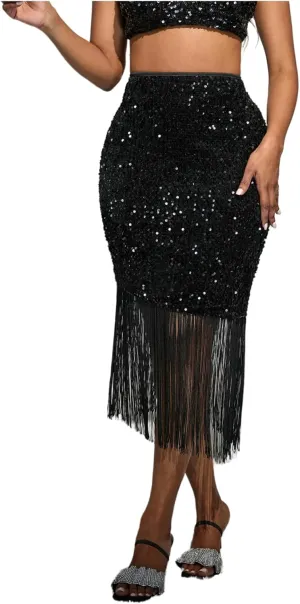 Women's High Waist Tassels Fringe Bodycon Pencil Midi Skirt Sequin Skirt for Women