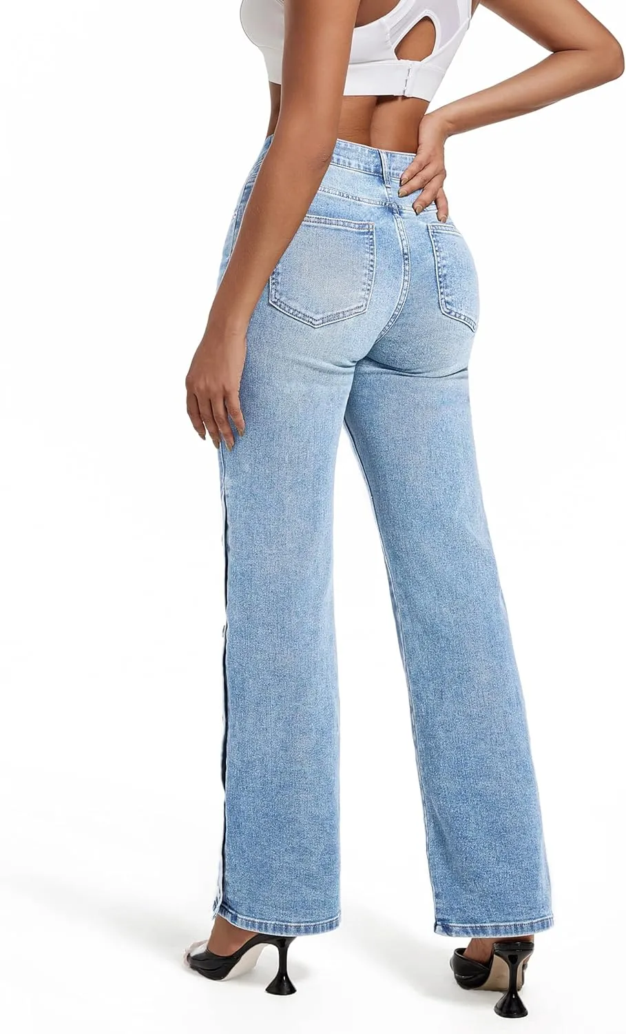 Womens Jeans Hig Waisted Straight Leg Loose Stretchy Tummy Control Trendy Side Slit Jeans for Women 2025