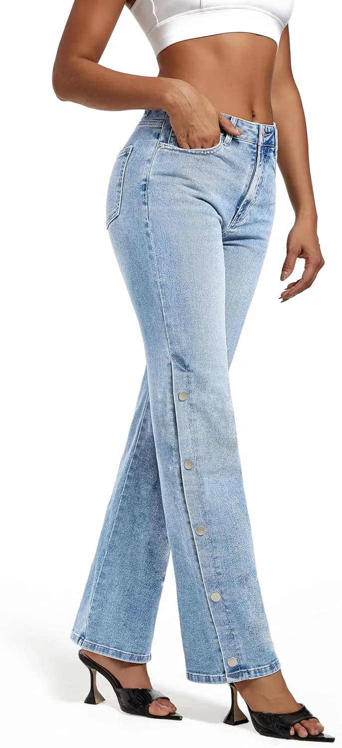 Womens Jeans Hig Waisted Straight Leg Loose Stretchy Tummy Control Trendy Side Slit Jeans for Women 2025