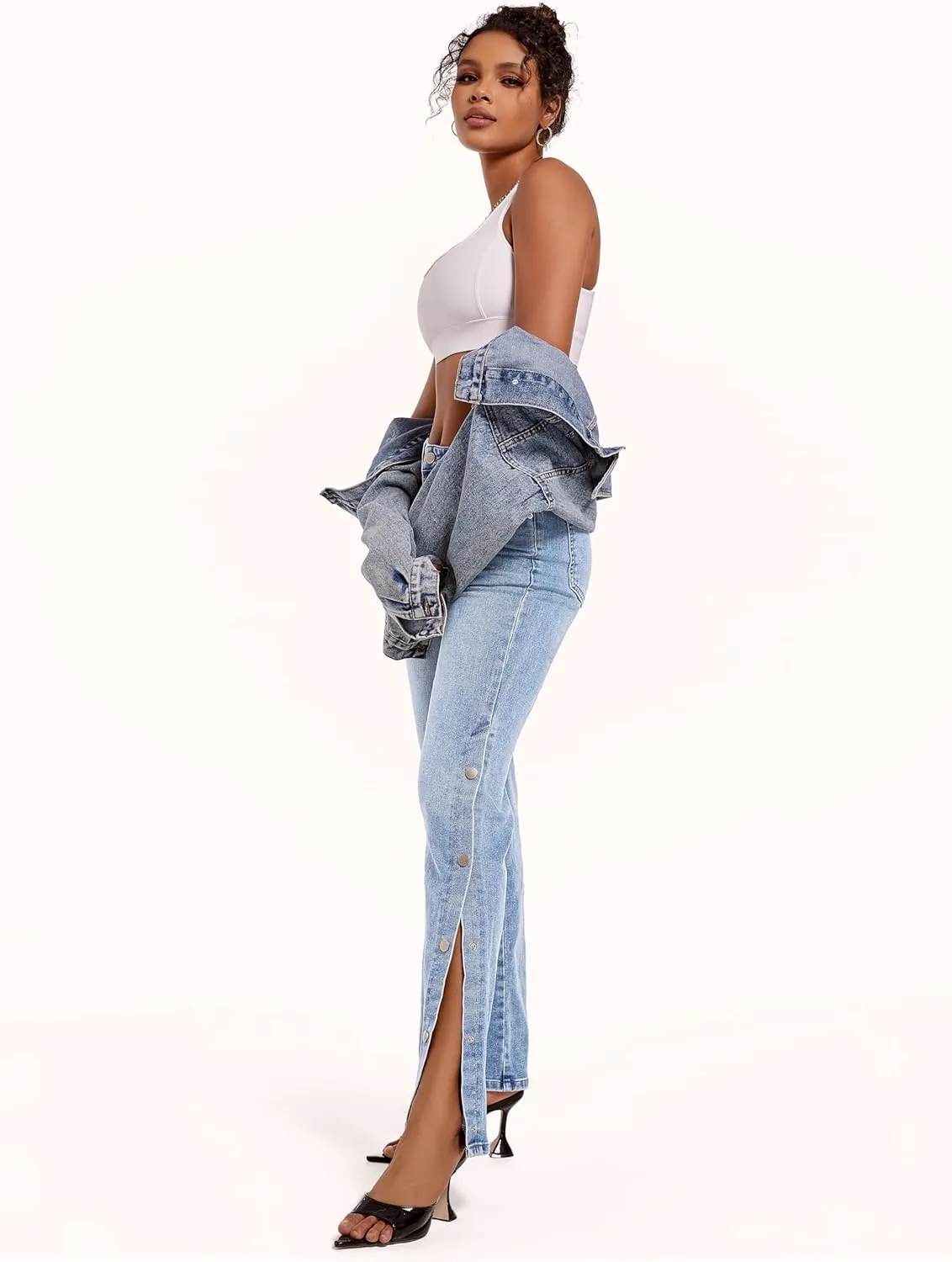 Womens Jeans Hig Waisted Straight Leg Loose Stretchy Tummy Control Trendy Side Slit Jeans for Women 2025