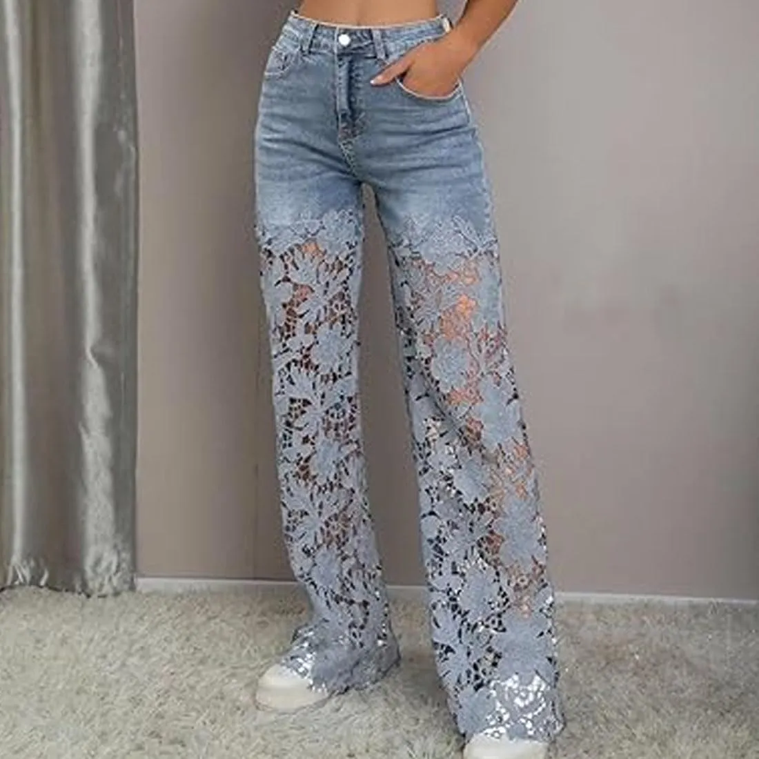Women's Lace Patchwork Hollow Jeans, Casual Vintage Baggy Straight Wide Leg Denim Pants, Flower Lace Jeans