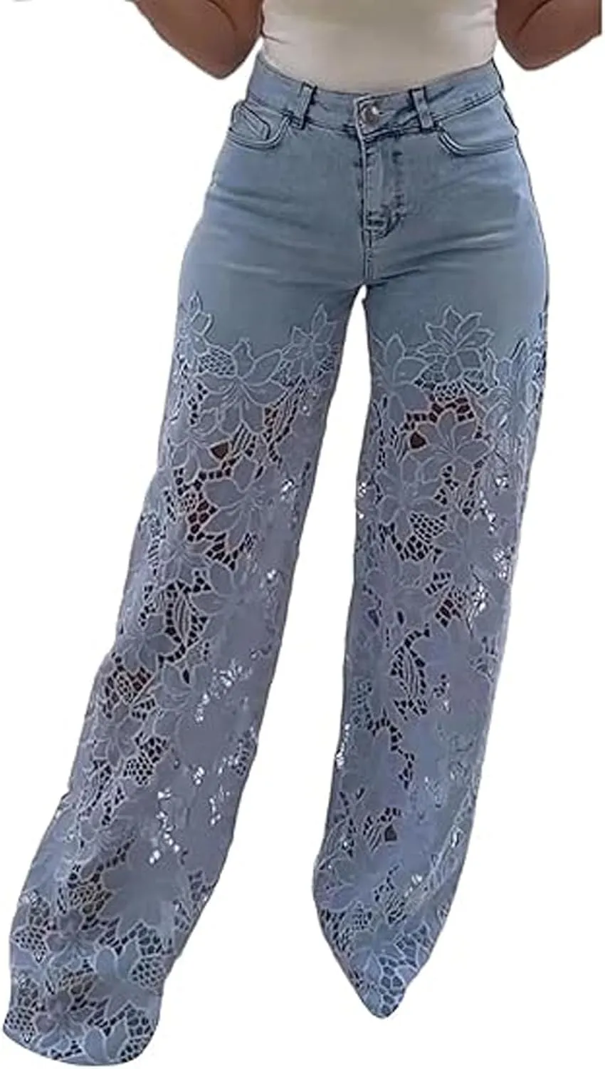 Women's Lace Patchwork Hollow Jeans, Casual Vintage Baggy Straight Wide Leg Denim Pants, Flower Lace Jeans
