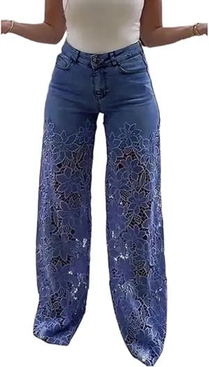 Women's Lace Patchwork Hollow Jeans, Casual Vintage Baggy Straight Wide Leg Denim Pants, Flower Lace Jeans