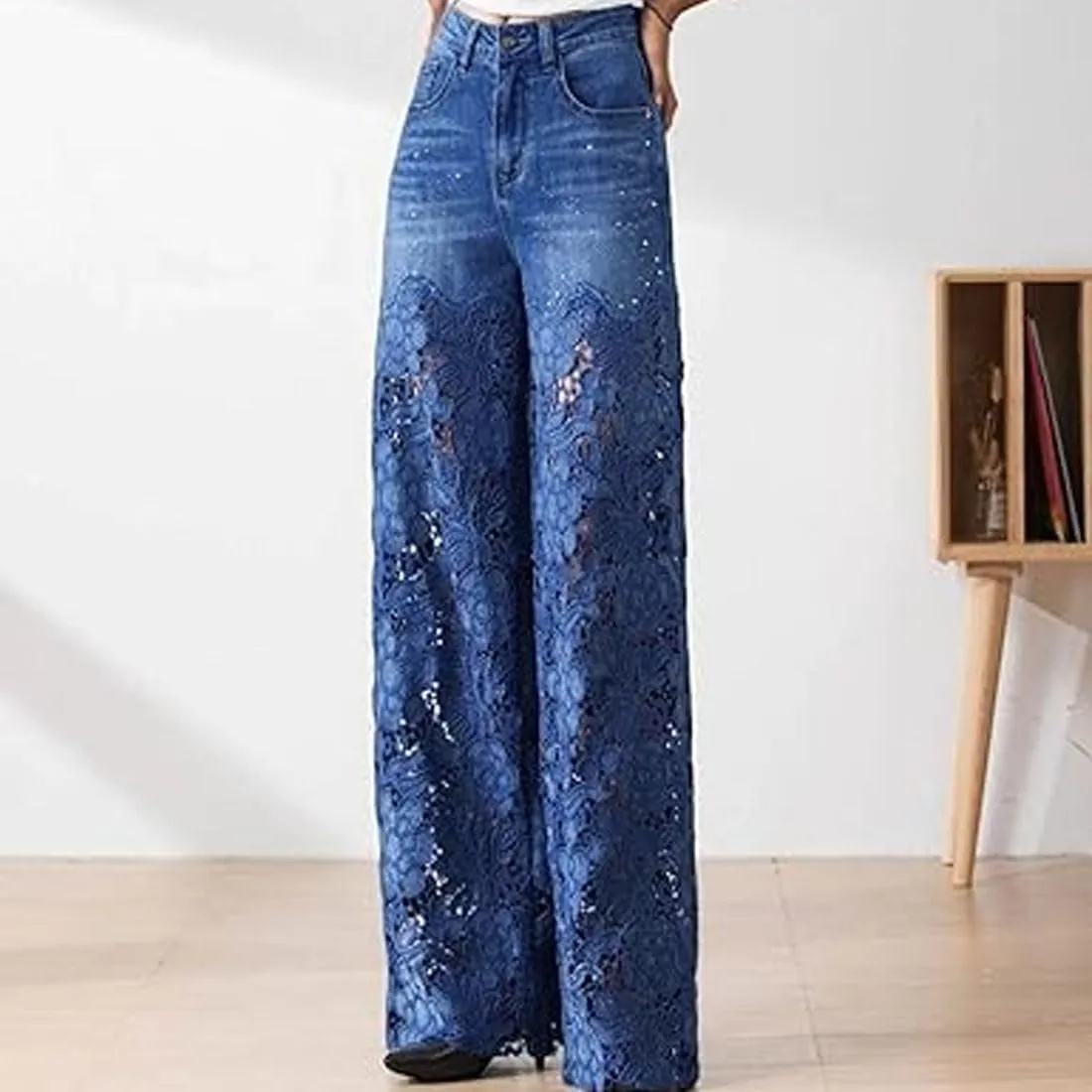 Women's Lace Patchwork Hollow Jeans, Casual Vintage Baggy Straight Wide Leg Denim Pants, Flower Lace Jeans