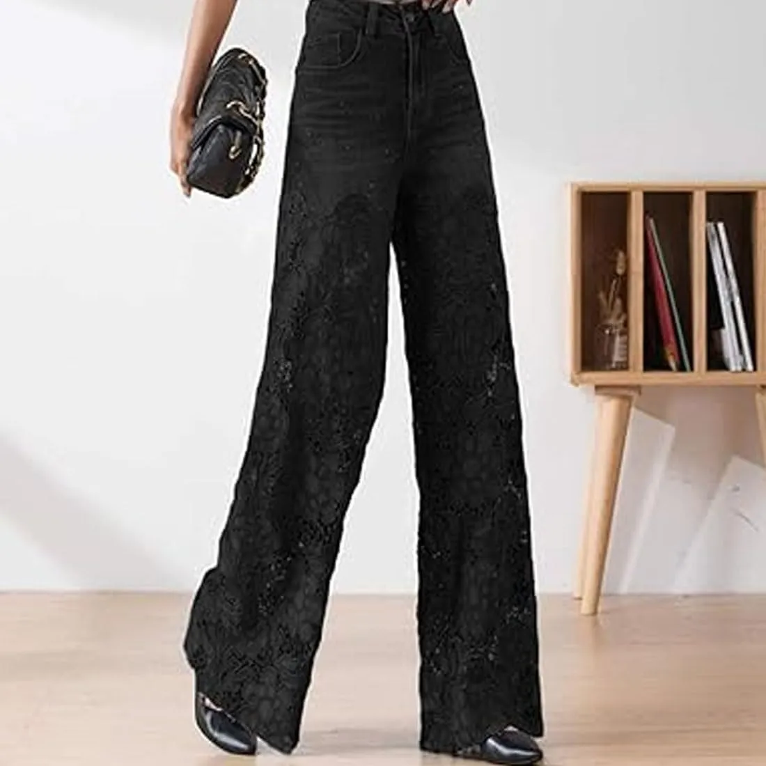 Women's Lace Patchwork Hollow Jeans, Casual Vintage Baggy Straight Wide Leg Denim Pants, Flower Lace Jeans