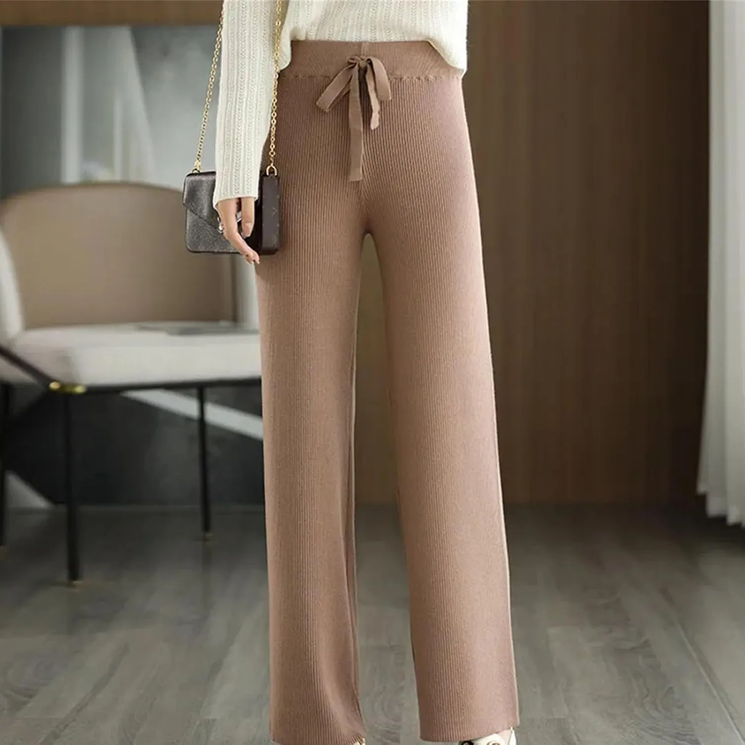 Women's Wool Knitted Pants Office Lady Simple High Waist Straights Trousers Cashmere Wool Thick Knitwear Pants
