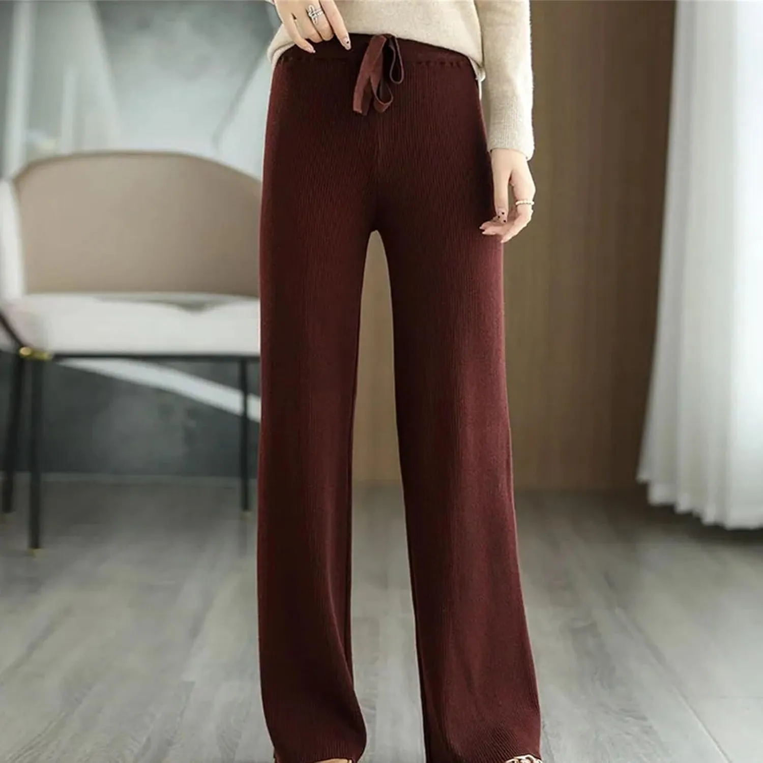Women's Wool Knitted Pants Office Lady Simple High Waist Straights Trousers Cashmere Wool Thick Knitwear Pants