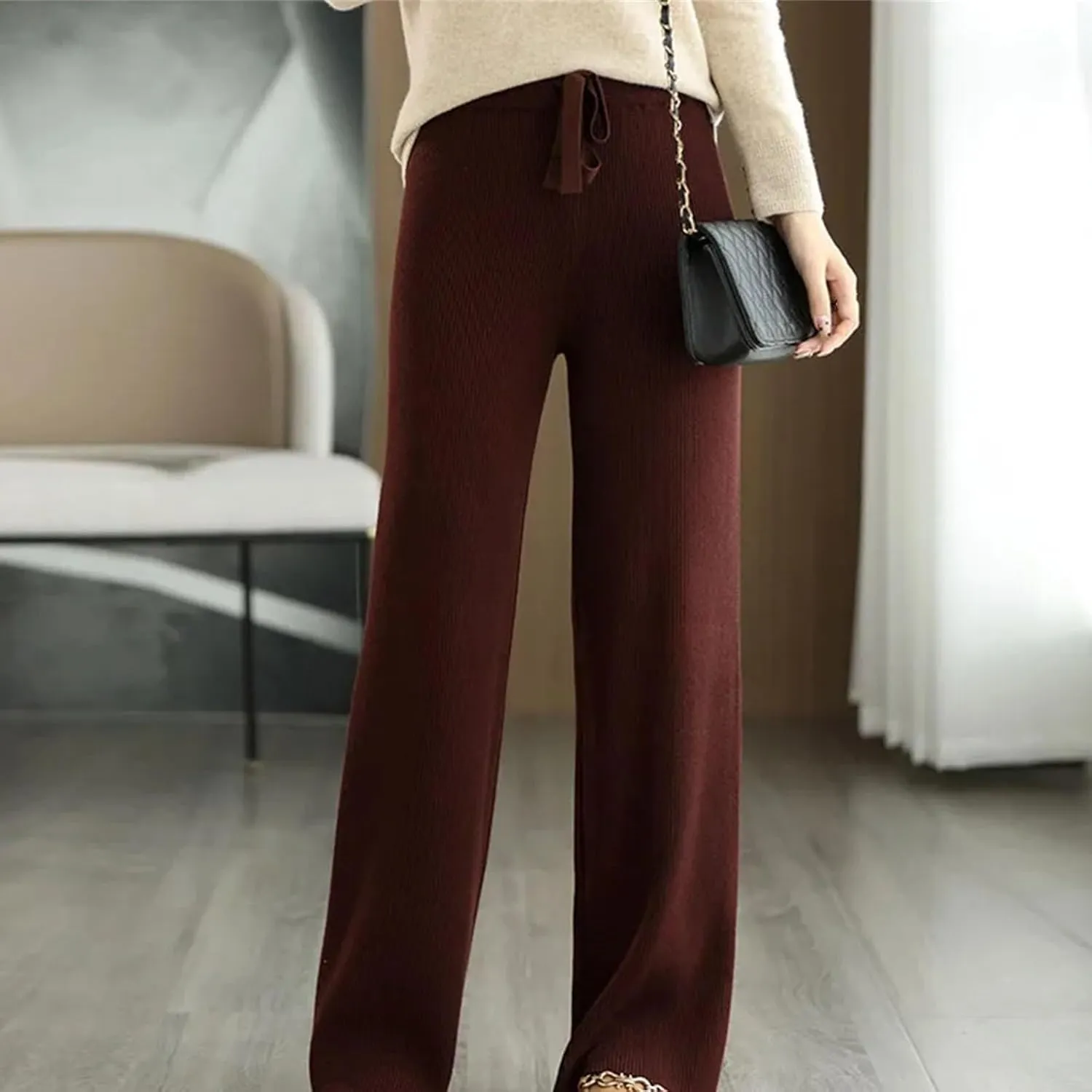 Women's Wool Knitted Pants Office Lady Simple High Waist Straights Trousers Cashmere Wool Thick Knitwear Pants