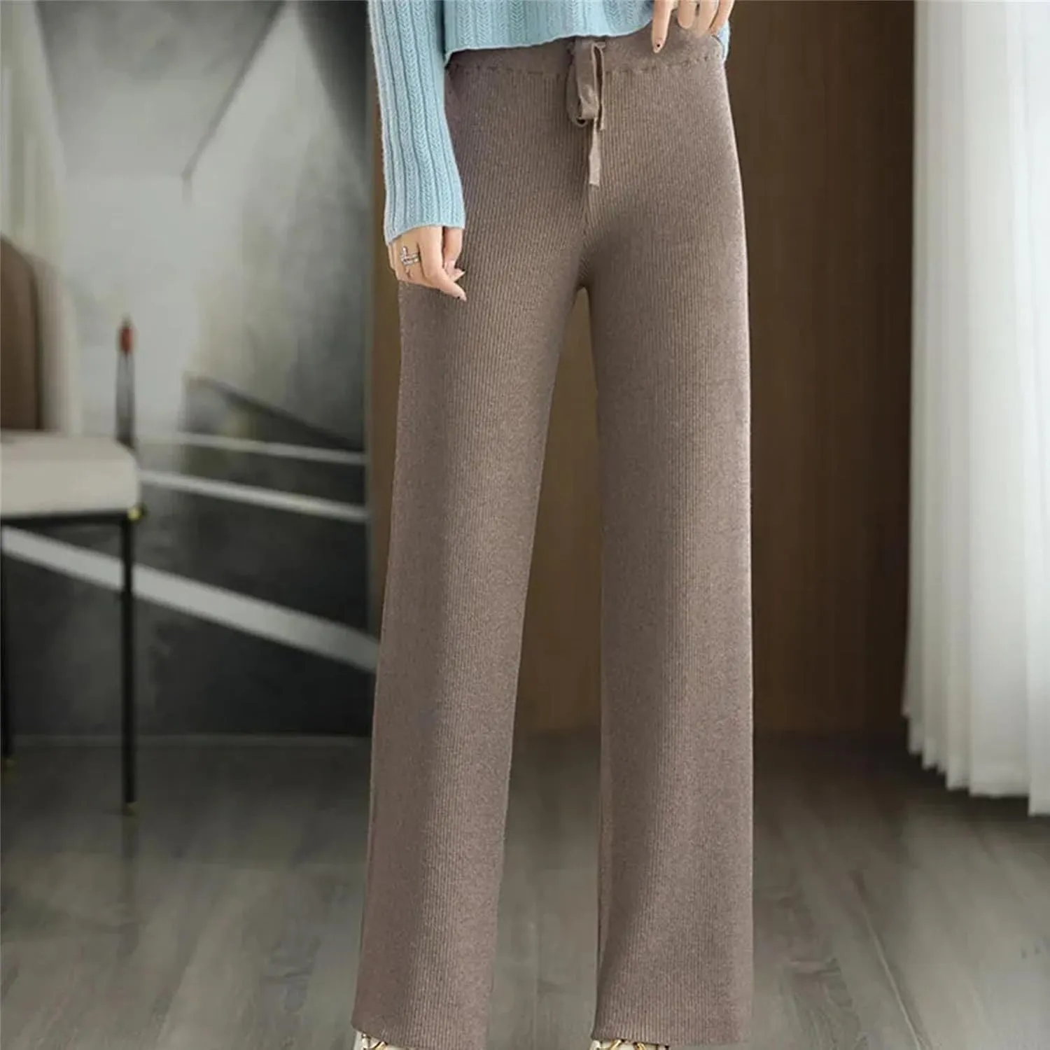 Women's Wool Knitted Pants Office Lady Simple High Waist Straights Trousers Cashmere Wool Thick Knitwear Pants