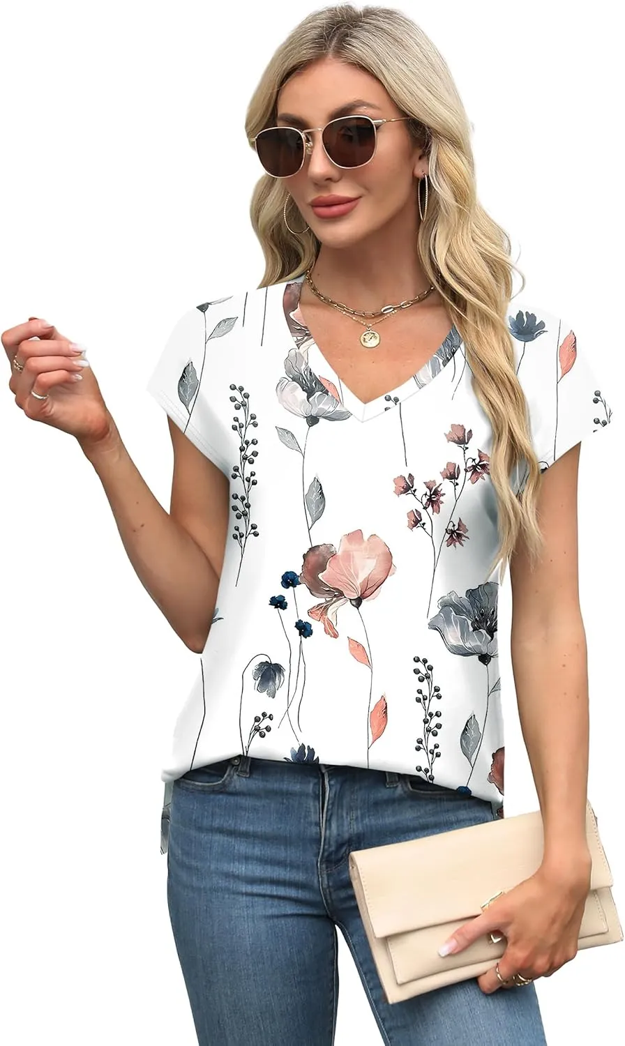 XIEERDUO Womens Tops V Neck Cap Sleeve Loose Fit Tee Shirts Summer Spring 2025 Eyelet/Printed