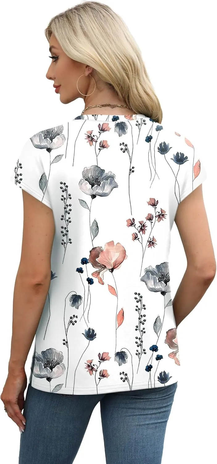 XIEERDUO Womens Tops V Neck Cap Sleeve Loose Fit Tee Shirts Summer Spring 2025 Eyelet/Printed