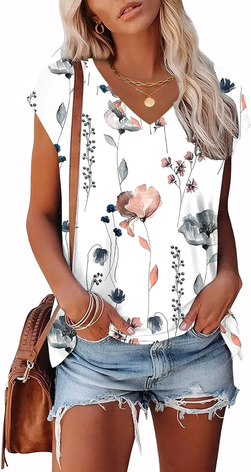 XIEERDUO Womens Tops V Neck Cap Sleeve Loose Fit Tee Shirts Summer Spring 2025 Eyelet/Printed