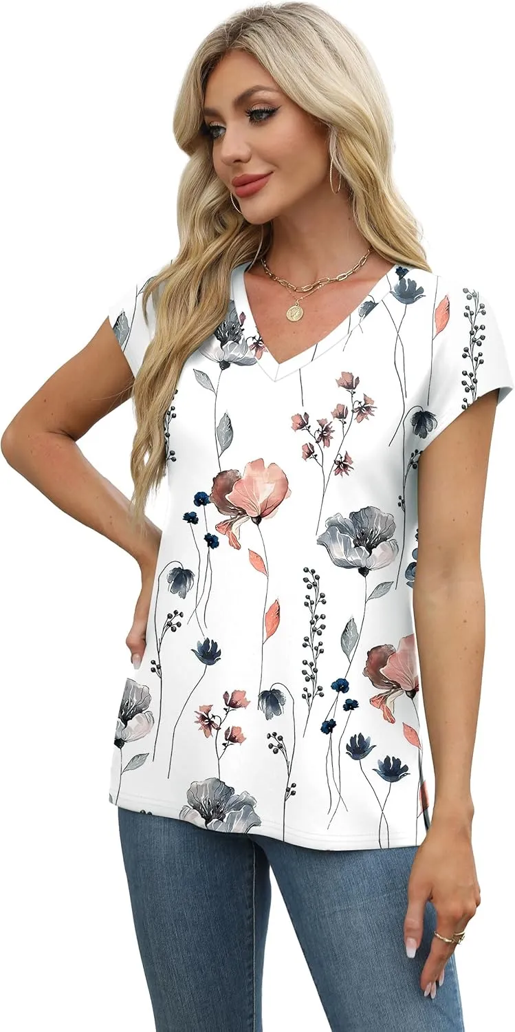 XIEERDUO Womens Tops V Neck Cap Sleeve Loose Fit Tee Shirts Summer Spring 2025 Eyelet/Printed