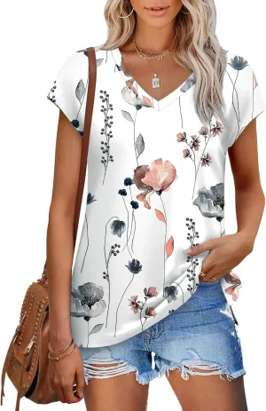 XIEERDUO Womens Tops V Neck Cap Sleeve Loose Fit Tee Shirts Summer Spring 2025 Eyelet/Printed