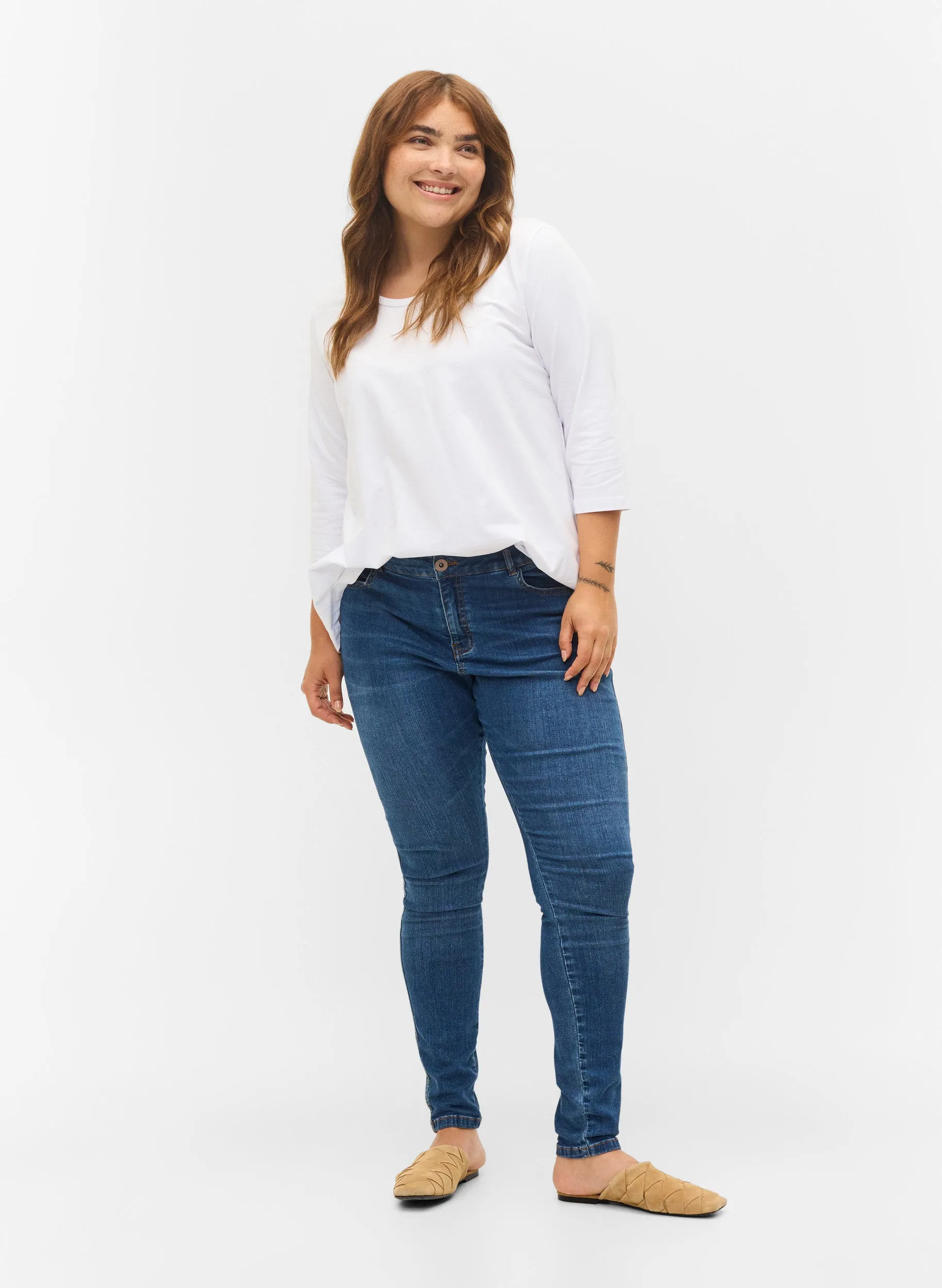 Zizzi Cotton 3/4 Sleeve Tee in White